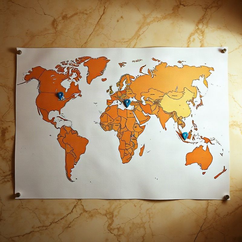 World map on premium paper with five jurisdiction markers in azure ink