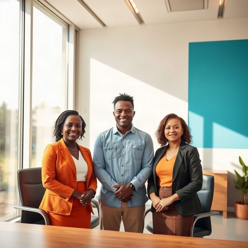 A small professional team in a bright, minimal Kakamega office