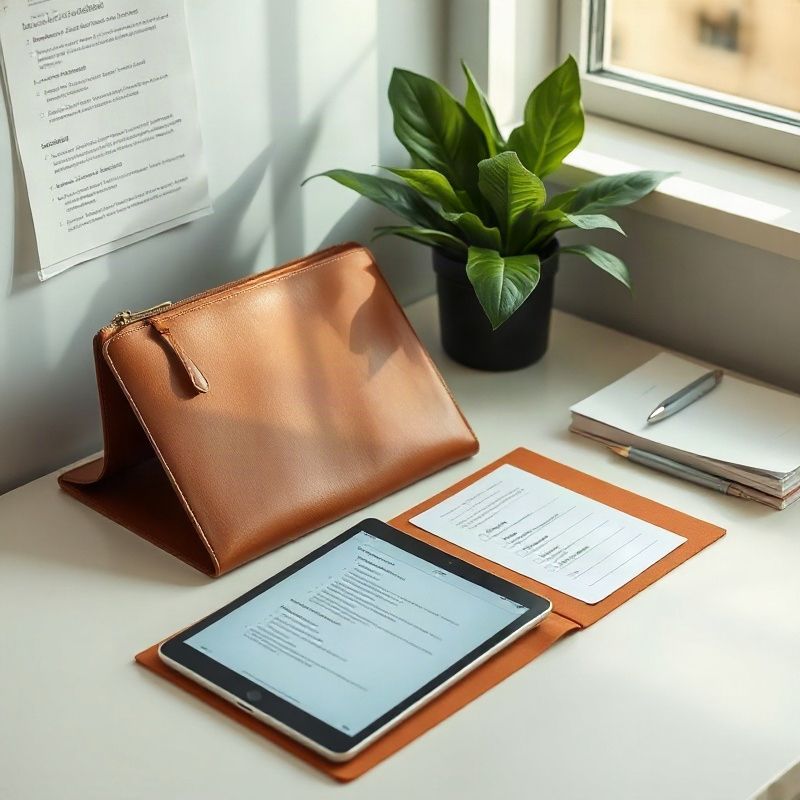 Open leather portfolio and tablet showing compliance checklists on a minimal desk