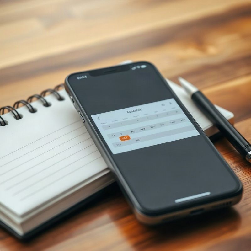 Mobile phone and notebook on a wooden desk with a calendar booking interface
